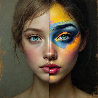 The image features a woman with two different faces, one with blue eyes and the other with yellow eyes. The woman is wearing makeup, including a blue and yellow face paint. The setting is a close-up of the woman's face, and the visual style appears to be a digital art or illustration. The colors and mood of the image are vibrant and lively, with the blue and yellow face paint adding a unique and eye-catching touch to the woman's appearance.